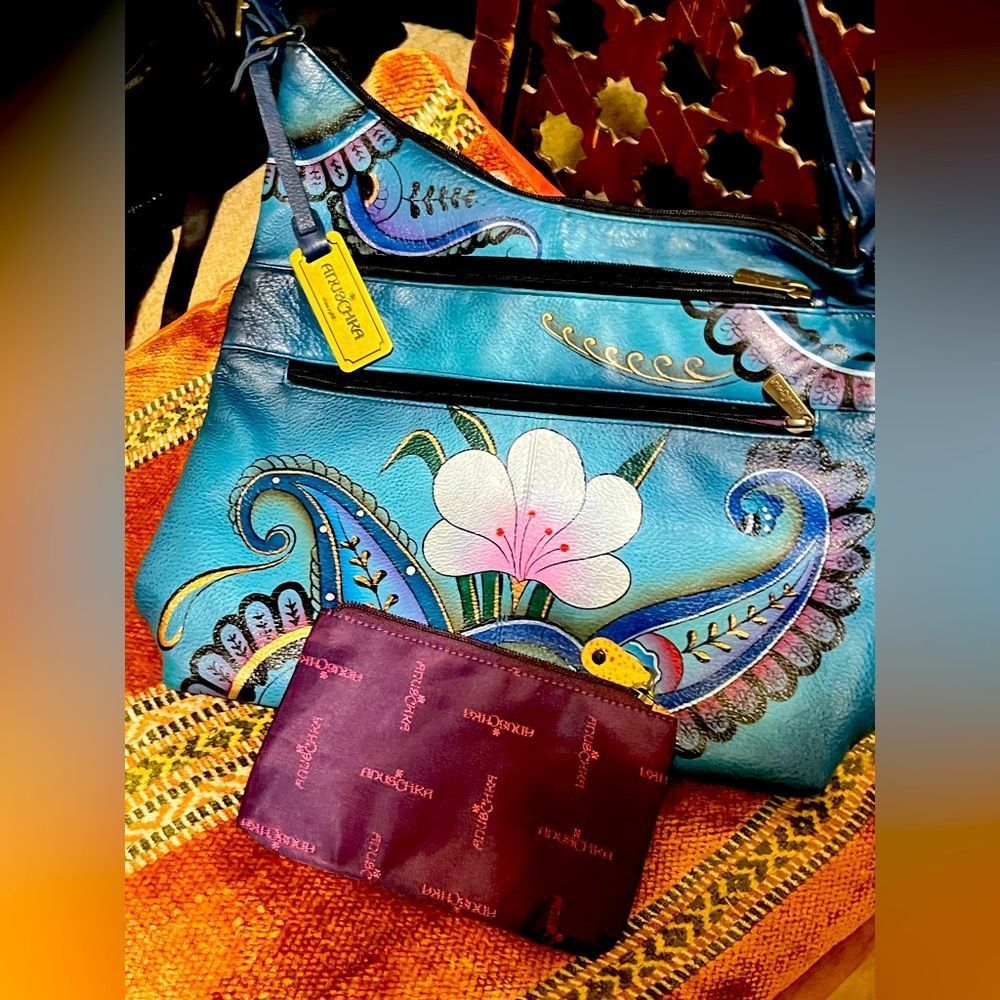 Anuschka Blue Tone Paisley Double Front Zip Hand Painted Leather Handbag